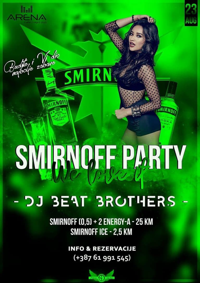 Plakat za Smirnoff Party u klubu Arena caffe and night club, uz DJ Beat Brothers