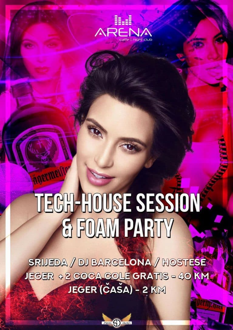 Plakat za tech-house session i zabavu s pjenom u klubu Arena caffe and night club